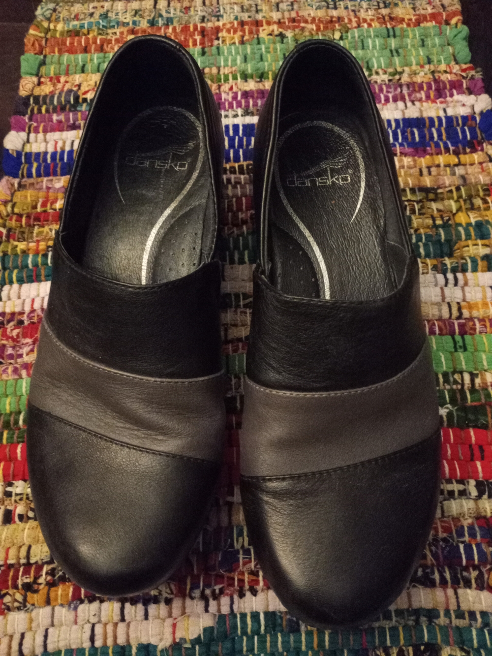 Dansko Two-Tone Black and Gray Leather Slip-On Flats